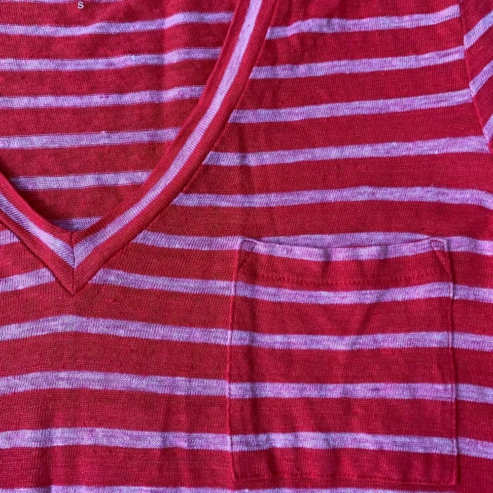 J. Crew Love Linen Front Pocket Red & Pink Stripes Short Sleeve T-Shirt, Size S - Picture 3 of 7